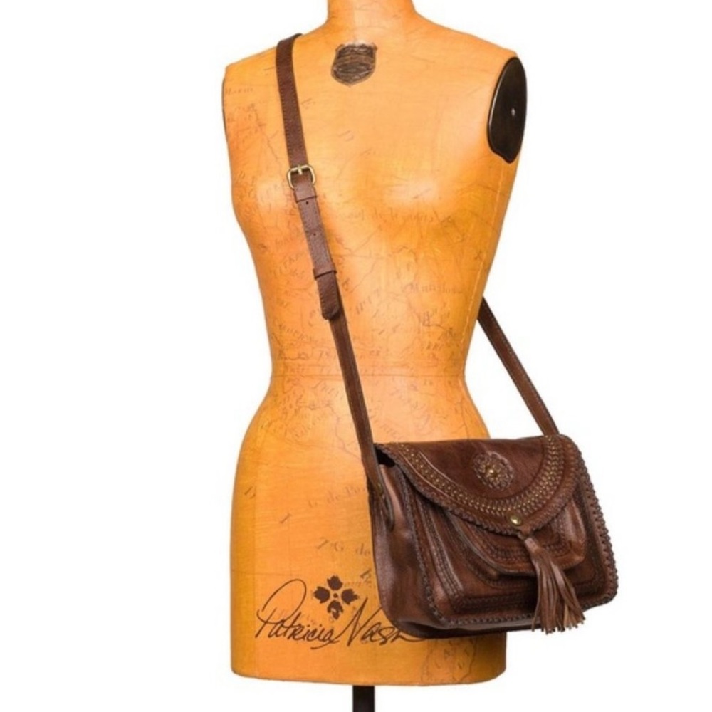 Patricia Nash Leather Crossbody Bag Beaumont Distressed Tooled Tassel Flap Bag